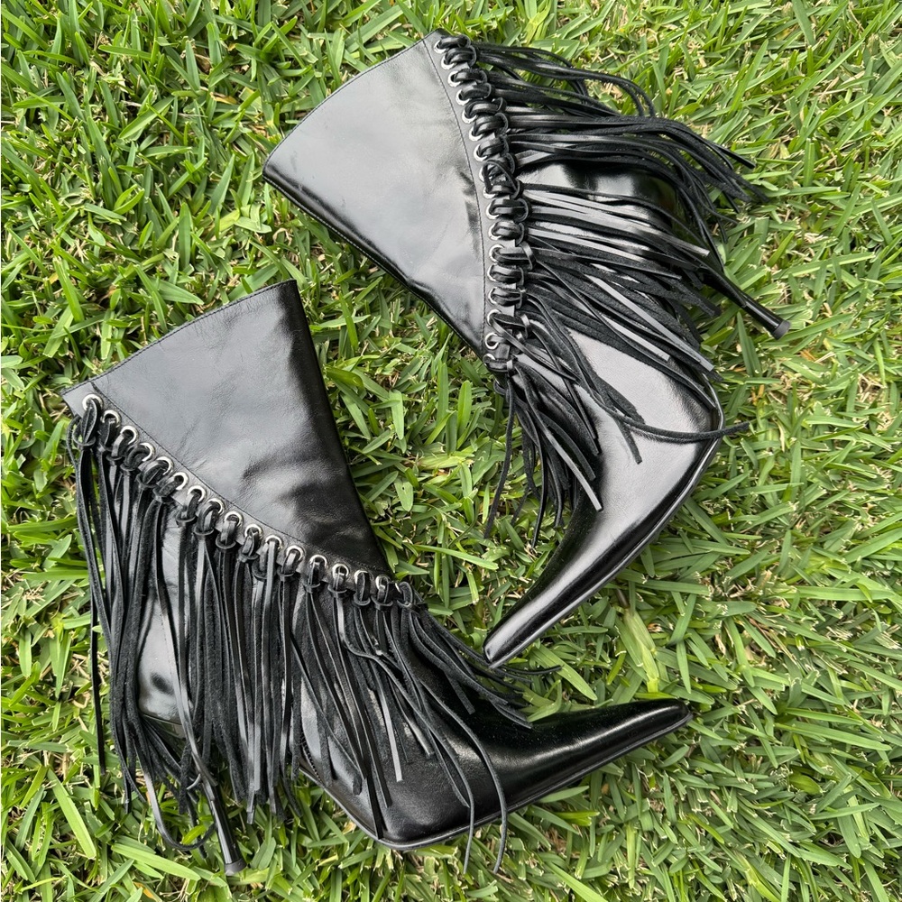 Jeffrey Campbell Fringe Black Women's Heeled Boots - Picture 2 of 16
